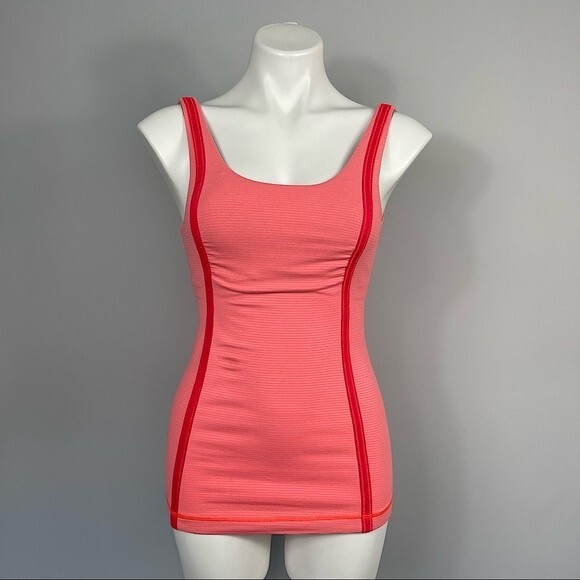Lululemon Neon Orange Pink Striped Scoop Neck Tank Top Built In Sports Bra 4 - Picture 2 of 13